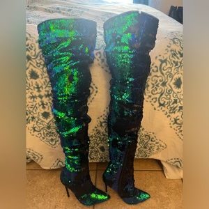 Thigh high green to black reversible sequin pleaser 6in high heel stiletto boots